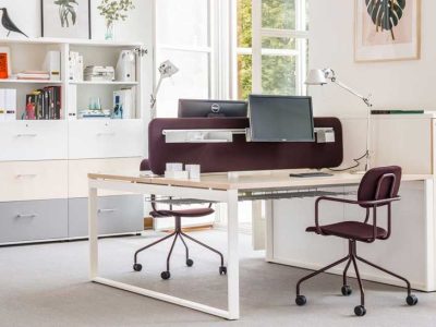 OGI Q Bench Desking - Two workstations with metal closed leg design