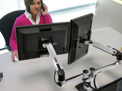 LX Dual Heavy Duty Monitor Arms, Cables Hidden, Patented Ergonomic Positioning.