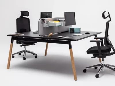 OGI W Bench Desking - Two workstations with natural wood ash legs
