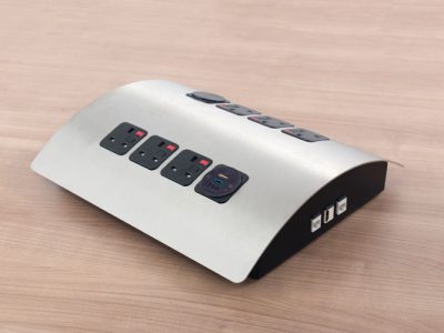 PAGODA Power module with brushed stainless steel finish, USB/data/AV/AC options.