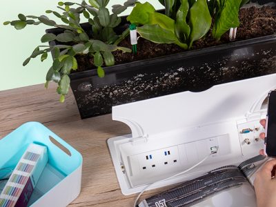 QF GENIE power module, hinged lid 2 & 4 socket versions, USB/data/AV/AC options.