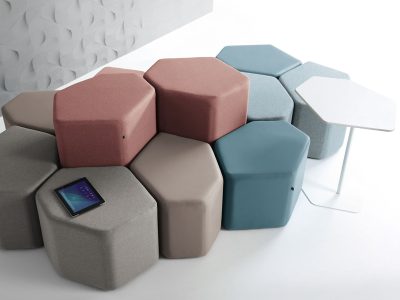 BAZALTO Hexagonal Poufs offer a customizable layout for less formal spaces