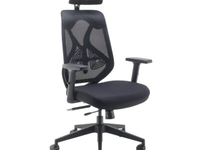 Black mesh Ergonomic Office Chair in Ireland with a headrest, lumbar support, and adjustable armrests.