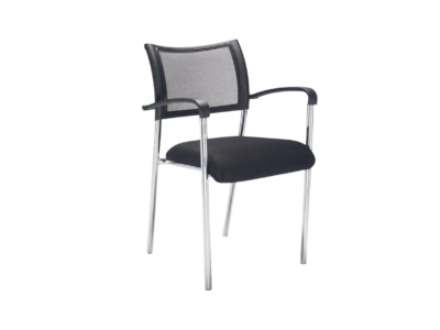 Black mesh back guest chair with a chrome frame and fixed armrests.