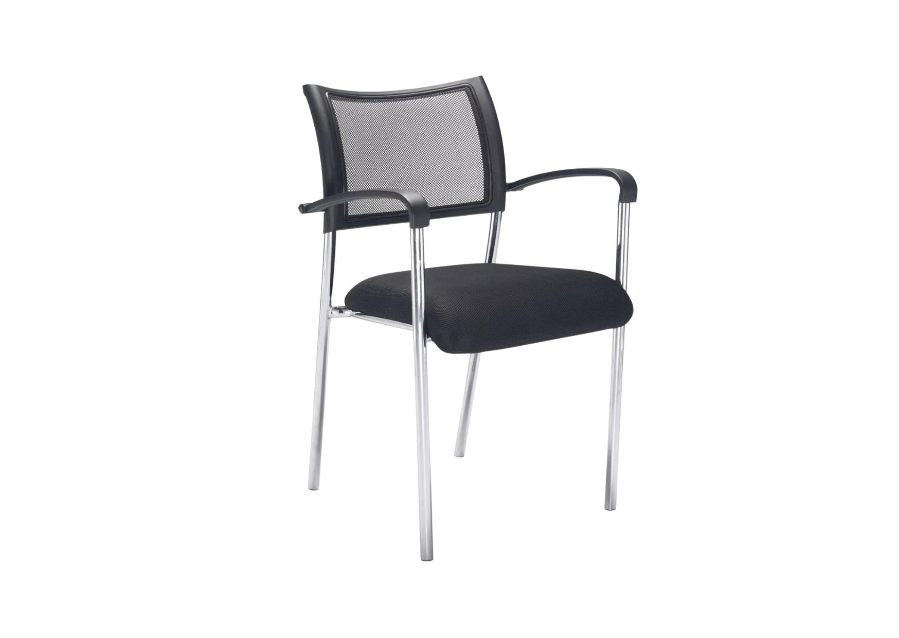 Jupiter Mesh Armchair 1 Black mesh back guest chair with a chrome frame and fixed armrests.