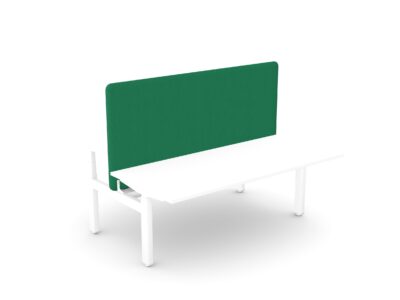 Green fabric desk divider screen mounted as a central partition between two white side-by-side desks.