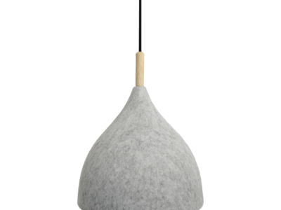 Light gray felt teardrop pendant lamp with a natural wood neck and black cord.