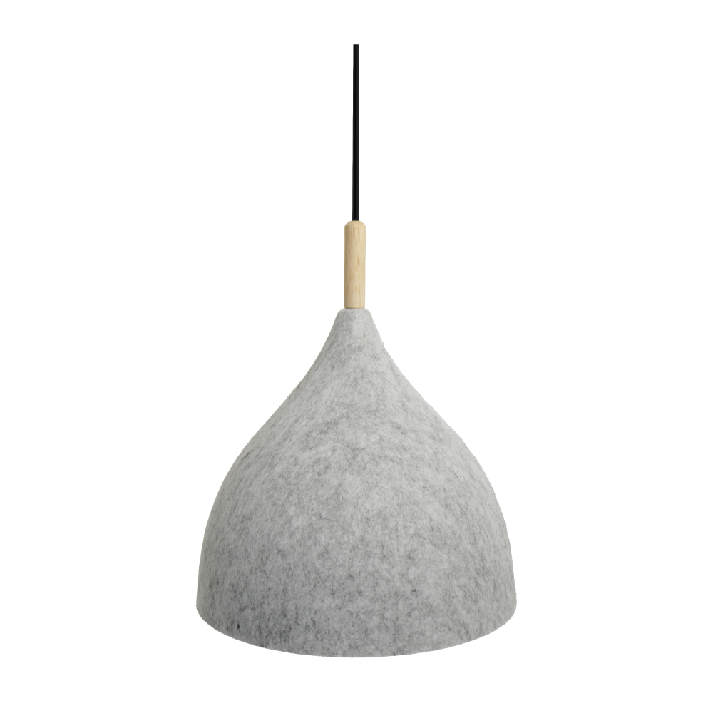Sinead Acoustic Pendant Light 1 Light gray felt teardrop pendant lamp with a natural wood neck and black cord.