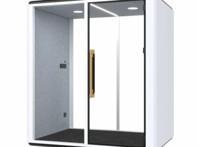 White 2-person acoustic office pod with a glass front, wooden door handle, and sound-absorbing gray felt interior.