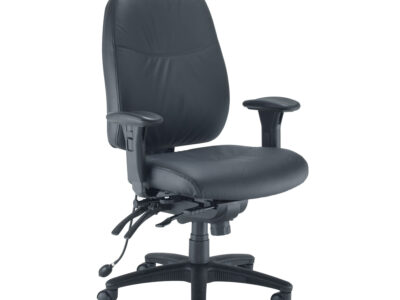 Padded black leather ergonomic desk chair with adjustable armrests and multi-lever control.