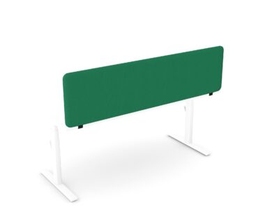 Acoustic fabric desk partition in forest green with rounded edges, designed for open-plan office privacy.