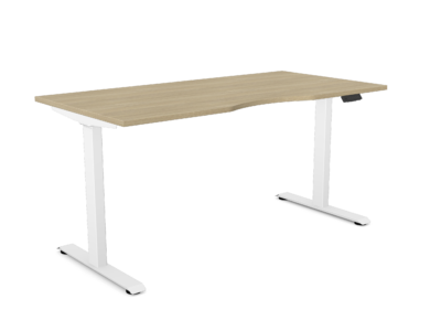 Ergonomic sit-stand desk featuring a contoured wood-look surface and a white motorized T-frame base.
