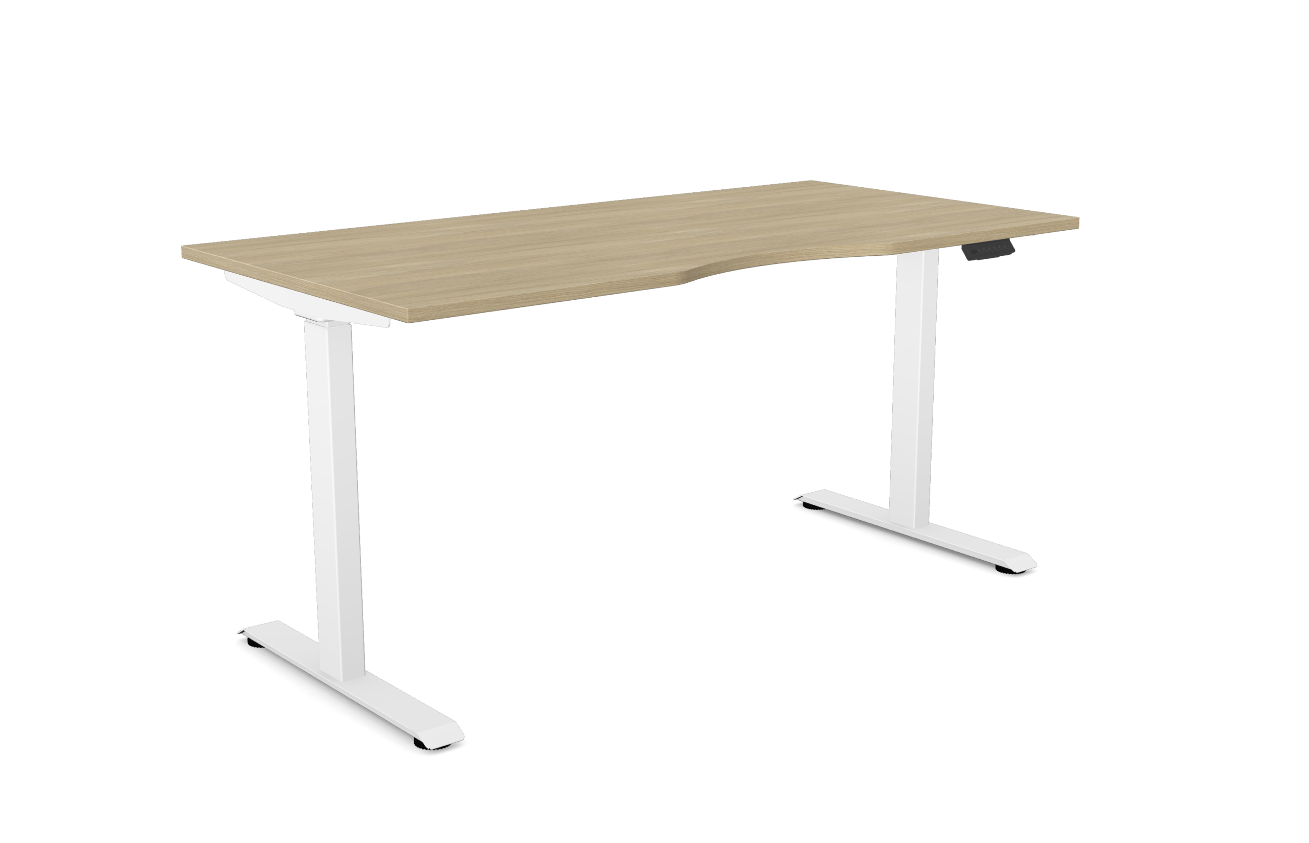 AV8 Sit Stand Single Desk 1 Ergonomic sit-stand desk featuring a contoured wood-look surface and a white motorized T-frame base.