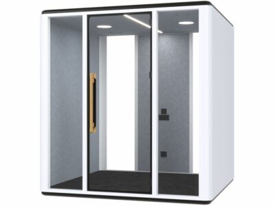Modern white and gray acoustic meeting booth with glass panels and built-in lighting for office privacy.