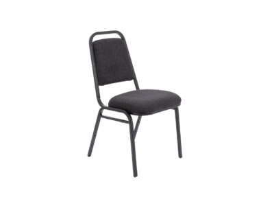 Dark gray upholstered banquet chair with a black metal frame.