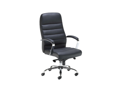 Modern black leather executive chair with horizontal ribbing and chrome accents.