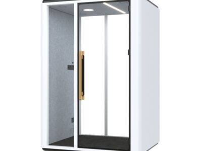 White soundproof office phone booth with a glass door, wooden handle, and integrated power for private calls.