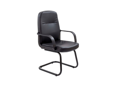 Black leather cantilever visitor chair with fixed armrests and a black sled base.