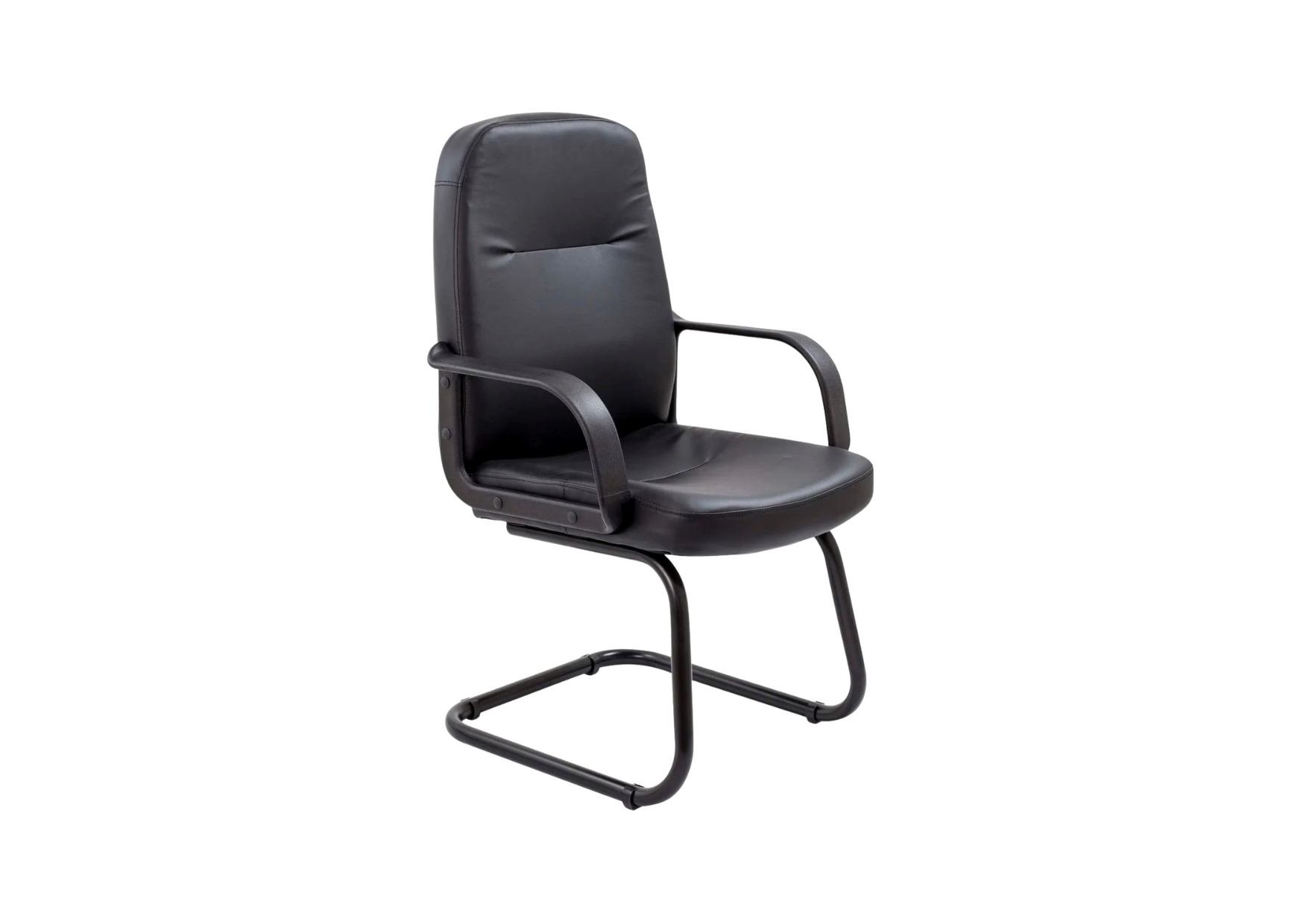 Canasta Visitor Chair 1 Black leather cantilever visitor chair with fixed armrests and a black sled base.