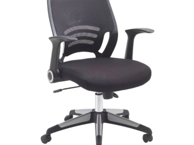 Ergonomic task chair with integrated lumbar support, breathable mesh back, and space-saving folding armrests.