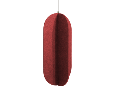 Modern red felt hanging acoustic divider with a vertical 3D pill shape.