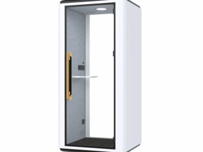 Slim white acoustic phone booth for private calls, featuring a glass door and internal work shelf.