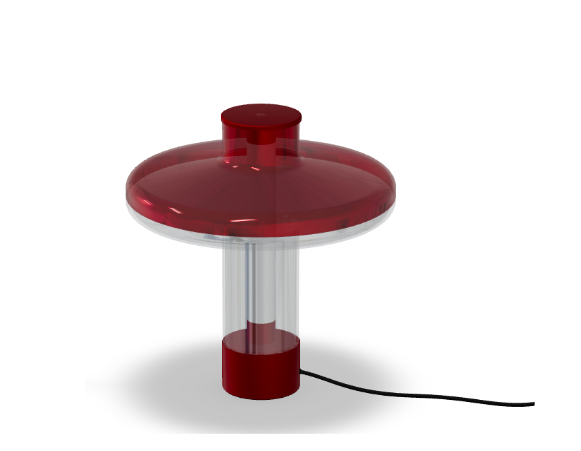 Nevo Table Lamp - Transparent Shade Creating a Stained Glass Effect 4 Nevo table lamp with red disc-shaped top and base, clear cylindrical body, and warm modern lighting on a wooden surface